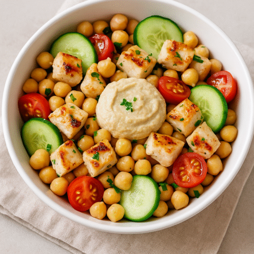 Photo de la salade de pois chiche au poulet grille et Houmous Crocal