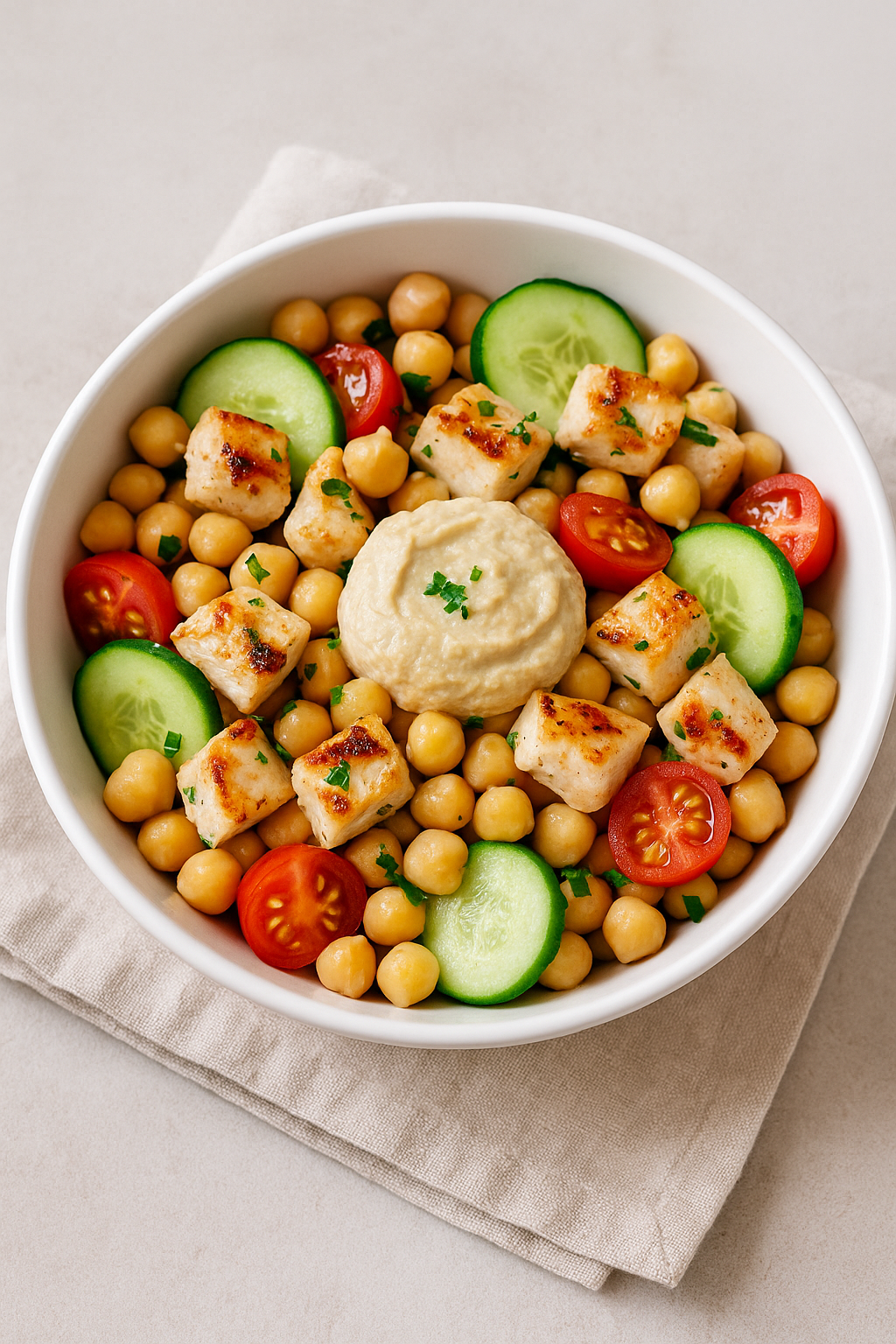 Photo de la salade de pois chiche au poulet grille et Houmous Crocal